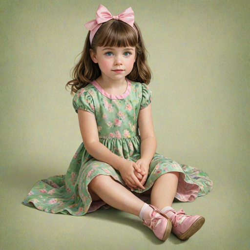 digital illustration of a kid girl with brown hair and blue eyes, sitting on the floor with her legs crossed and her hands resting on her knees. she is wearing a green floral dress with a pink bow on the front and a pair of green shoes with gold ribbon. She has a pink bows on her head. The background is a light beige color with a subtle texture. whimsical and dreamy.The color scheme is soft and muted pastel.