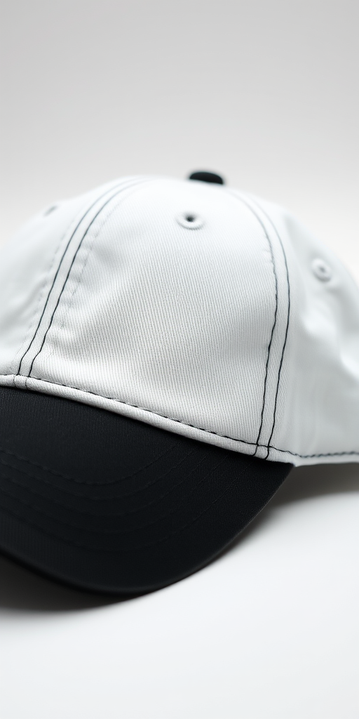 Create a high-resolution image of a baseball cap with a white body and black accents, using a DSLR camera at f/2.8 aperture, ISO 100, 50mm lens, with a shallow depth of field, shot from a slightly elevated angle.