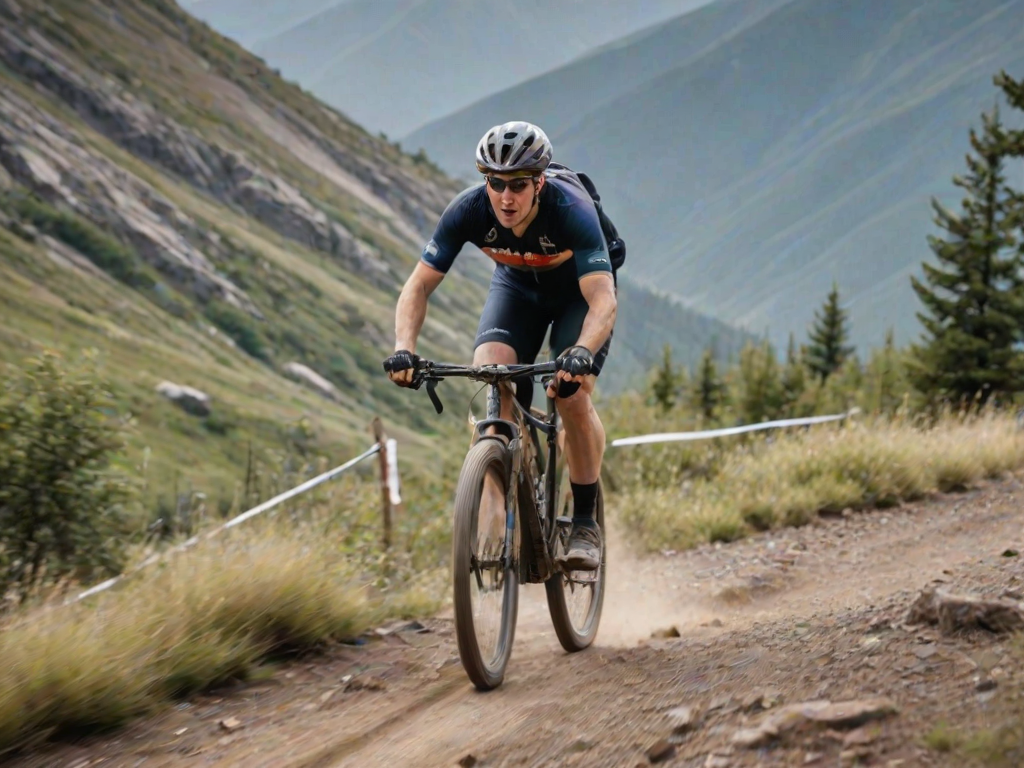 Blurry action shot of a cyclist racing down a mountain trail, dirt kicking up behind them, soft focus on the intense concentration on their face, distant mountains in the background, and the sense of speed and thrill.