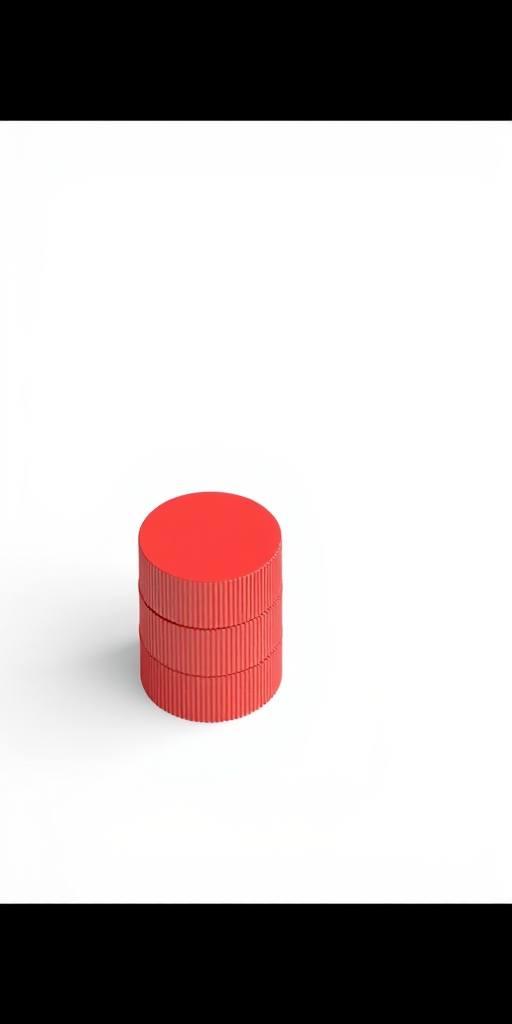 Generate a high-resolution 3D rendering of three stacked red cylinders on a plain white background, using a DSLR camera with a 50mm lens, aperture set to f/1.8, ISO 100, and a focal length of 50mm, in an overhead view for optimal lighting and shadow detail.