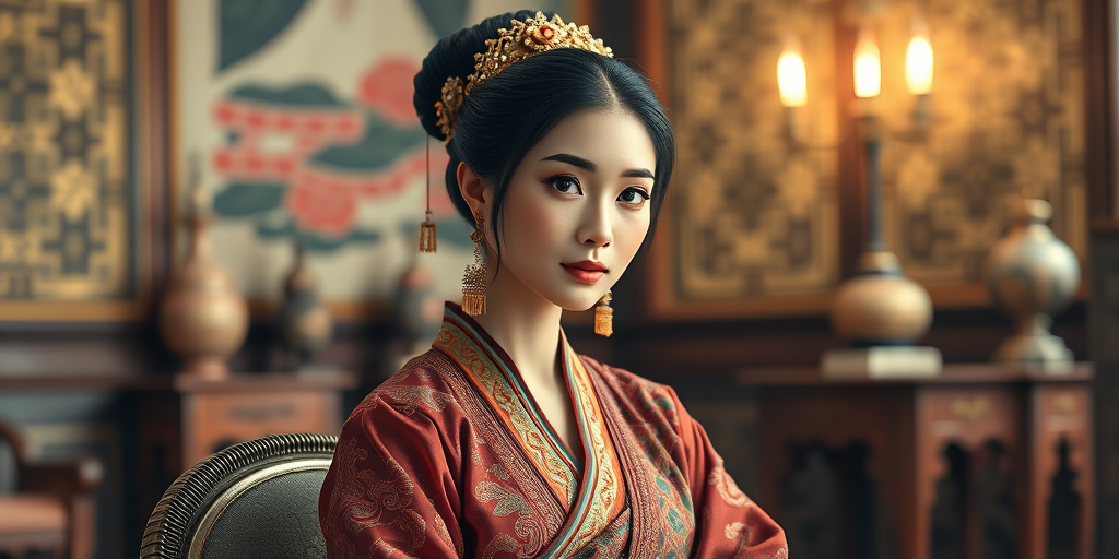 A beautiful Ashkenazi woman in traditional East Asian attire, intricately detailed with embroidered patterns, sitting gracefully in a richly decorated room, soft ambient lighting, serene and elegant, ultra-realistic, 8K resolution