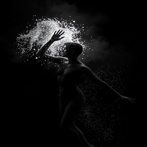 Create an image of a figure in an artistic pose, appearing to dissolve into particles, with dramatic lighting and a black background, using a Canon EOS R5 camera, 50mm lens, aperture f/1.8, ISO 100, shutter speed 1/200s, in a studio setting.