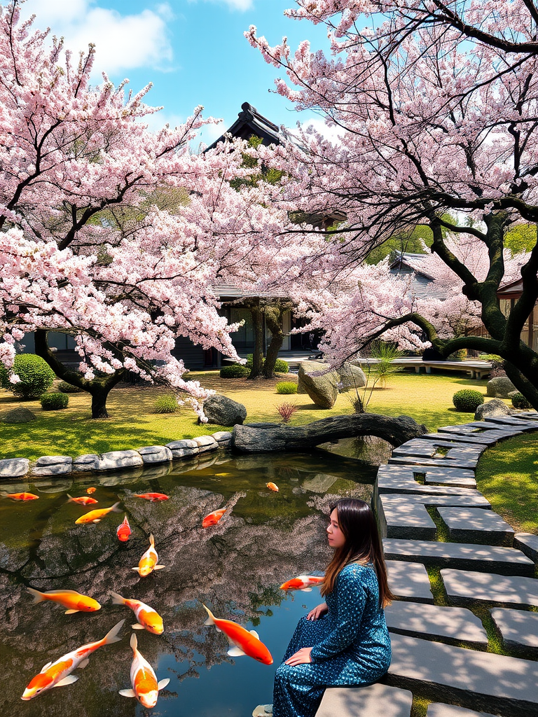 Tranquil scene in a Japanese garden, with koi fish swimming in a pond, cherry blossom trees in full bloom, and a woman meditating on a stone path.