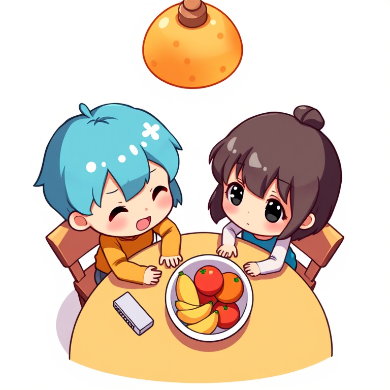 Create a vibrant illustration of two cartoon characters sitting at a table with a bowl of fruit, using a top-down view with a warm color palette, simulating a digital drawing style, and enhance with high-resolution settings at 300 DPI.