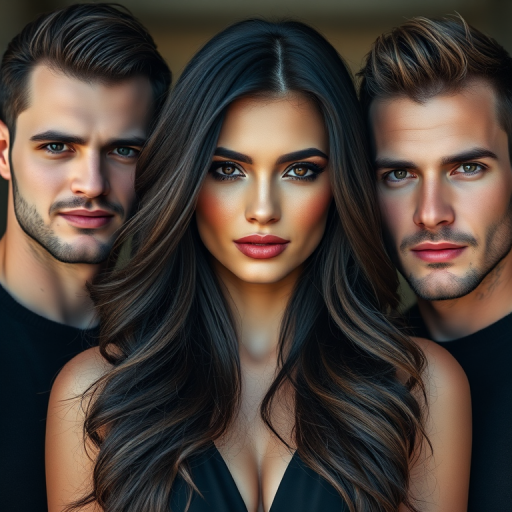 Create a high-resolution portrait of a beautiful woman with dark flowing hair, flanked by two handsome men with chiseled features, all in black attire, using a 50mm lens at f/1.8 to achieve a shallow depth of field, shooting in soft natural light to enhance skin tones, and captured with a DSLR camera for optimal image quality.