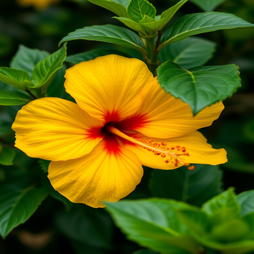 close-up of a yellow hibiscus flower surrounded by green leaves, shallow depth of field, f/2.8 aperture, ISO 100, 50mm lens, natural light, DSLR camera