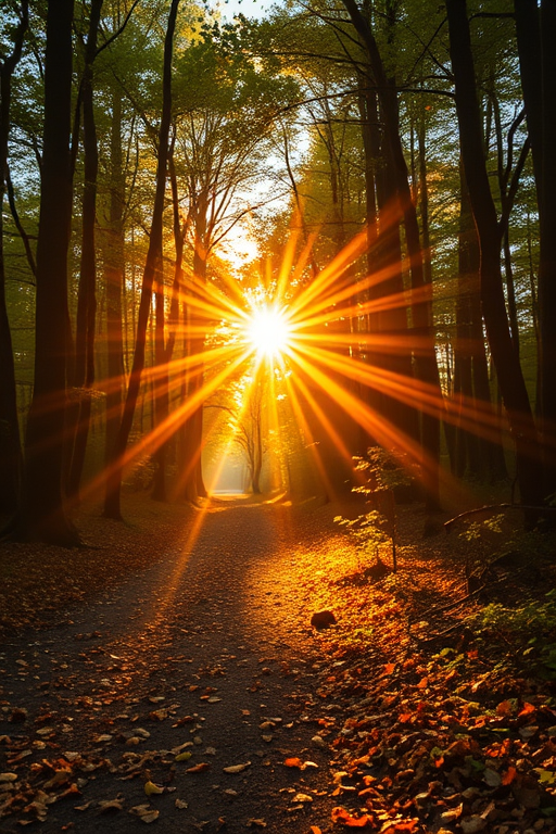 A serene forest scene with sunlight streaming through trees, golden rays illuminating a path covered in autumn leaves, captured with a Canon EOS 5D Mark IV, 50mm lens, f/2.8 aperture, ISO 100, soft focus background, natural lighting.