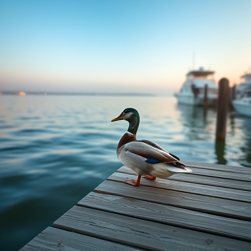 Capture a serene waterfront scene with a duck resting on a pier, soft morning light, lens aperture f/8, shutter speed 1/200 sec, ISO 100, wide-angle view, DSLR camera, vibrant colors and sharp details.