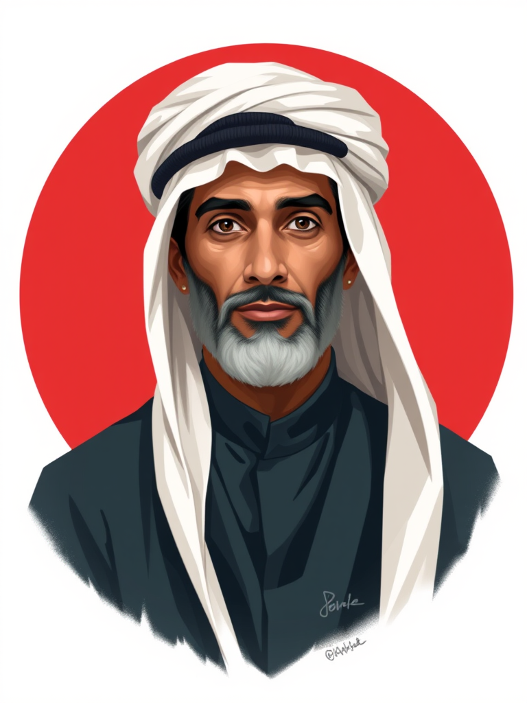 Create a digital illustration of a traditional Arab man with a white headdress and dark clothing, set on a circular red background, using a 50mm lens at f/8, ISO 100, and a slight vignette effect for enhanced focus and depth.