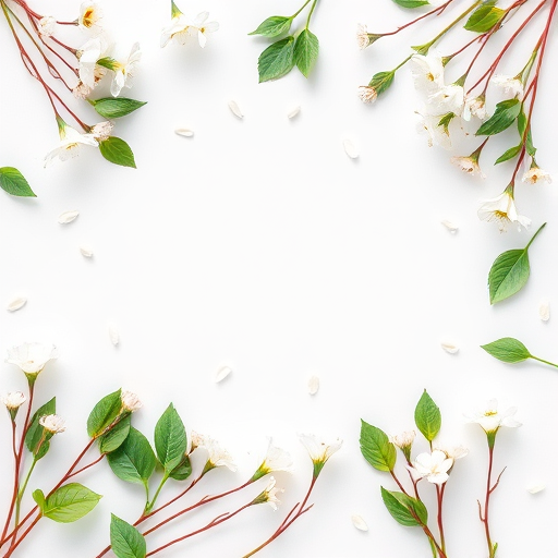 Create a high-resolution image of a floral border featuring delicate white flowers and green leaves, captured with a DSLR camera at f/2.8 aperture, ISO 100, 50mm lens, top-down view in natural light for enhanced clarity and vibrancy.