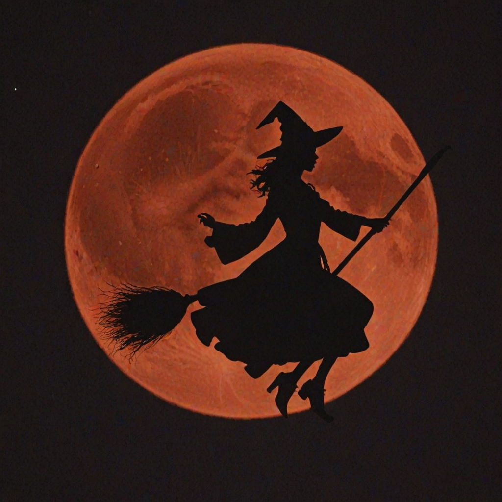 Double exposure, a silouette of a witch on a broomstick centered in the middle of an blood orange full moon.  Any suggestions on getting a good image of a witch on a broomstick centered in the middle of an blood orange full moon.  I tried different generators and changed the wording around.