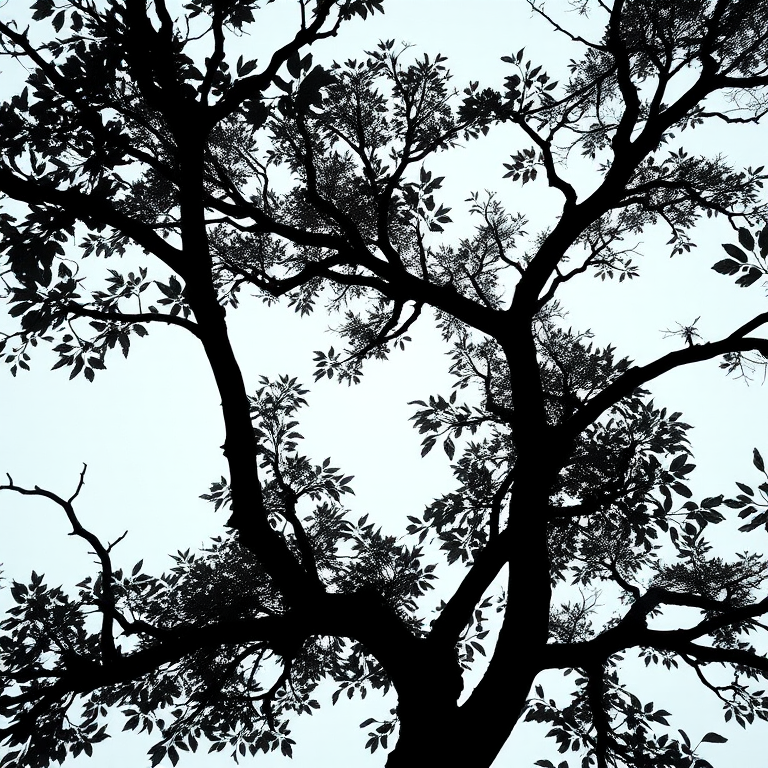 generate a high-resolution image of a minimalistic black silhouette of a tree with detailed branches and leaves, camera settings: ISO 100, aperture f/8, shutter speed 1/60s, camera view: eye level, camera style: clean and modern, camera type: digital DSLR