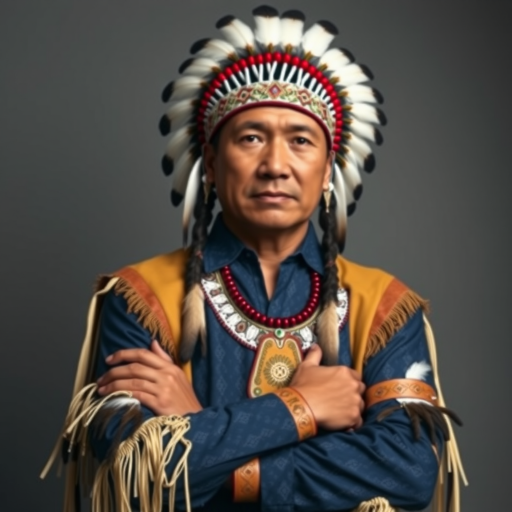 Create a dignified portrait of a Native American man dressed in traditional attire. He wears a beautifully crafted headdress adorned with white feathers and red beads, along with a beaded headband featuring intricate patterns. His clothing includes a deep blue, patterned shirt and a traditional chest piece with detailed beadwork. His arms are crossed, displaying leather armbands decorated with feathers. The background is simple and neutral, emphasizing his proud and stoic expression. The overall image captures the rich cultural heritage and strength of his persona.