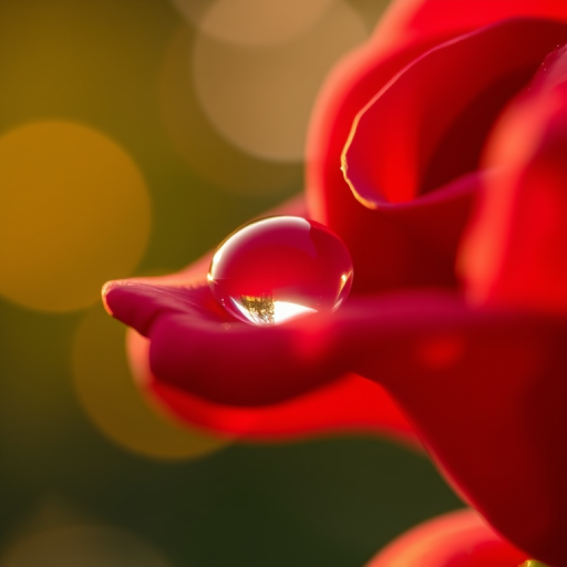 macro shot of a red rose petal with a water droplet reflecting light, shallow depth of field, soft bokeh background, golden hour lighting, Canon EOS 5D Mark IV, 100mm f/2.8L macro lens, aperture f/2.8, ISO 100, shutter speed 1/250s