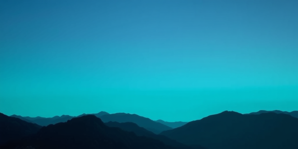 Generate a serene landscape featuring mountains with a gradient sky transitioning from dark to light turquoise, using a DSLR camera set to ISO 100, aperture f/8, shutter speed 1/200s, wide-angle lens, shot from a low angle to emphasize the foreground.