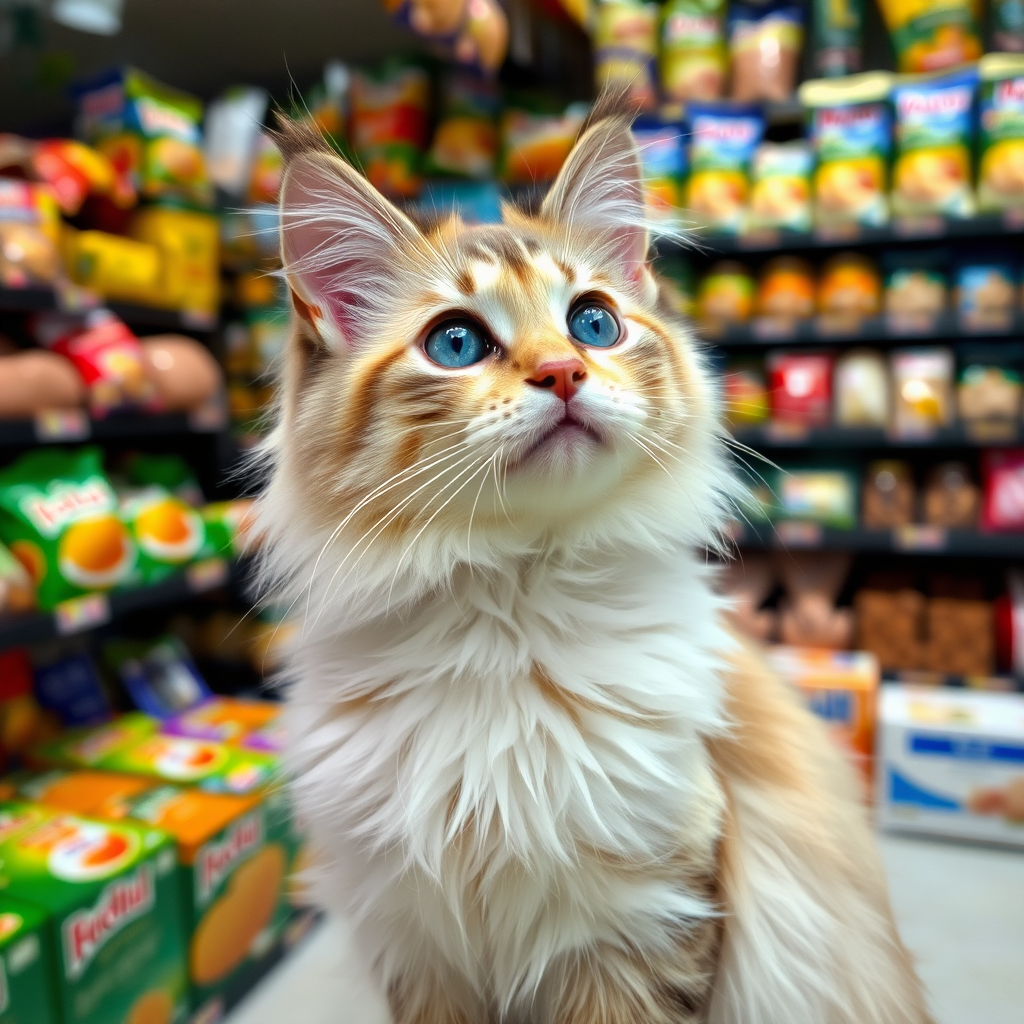 A fluffy cat with striking blue eyes and a cream and gray coat is looking curiously to the side in a store filled with various food items and colorful packaging in the background.
