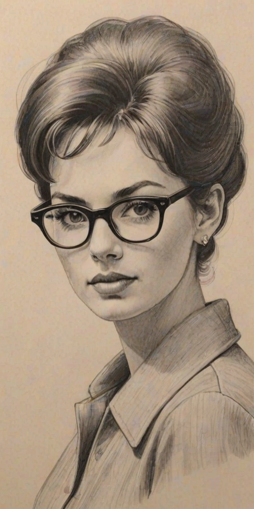 Superb Annie Jacob, pencil sketch, portrait of Appealing woman 1962s in glasses, hair style beatnik, outline, clear lines, fine lines, 8k