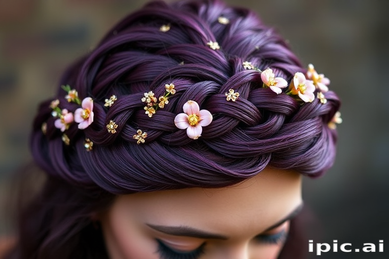 Regal deep purple crown braid called "Royal Plait" interwoven with delicate gold threads and adorned with miniature floral embellishments