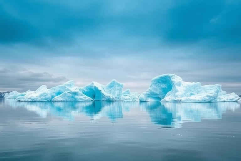 high-resolution image of blue icebergs floating in calm, reflective water with a cloudy sky, captured with a DSLR camera, 24mm lens, aperture f/8, ISO 100, shutter speed 1/125s, in landscape orientation, showcasing vibrant colors and sharp details.