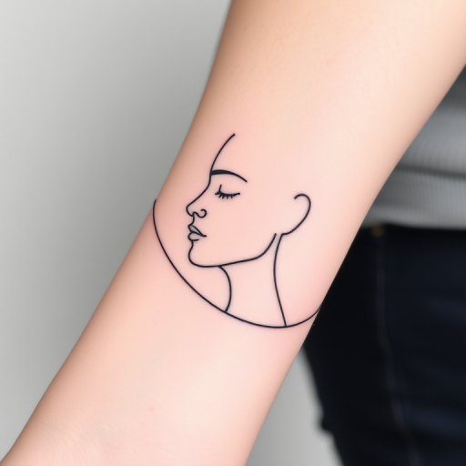 Minimalist line art body tattoo of a continuous one-line face profile wrapping around the wrist, executed in fine black ink for a delicate and modern aesthetic