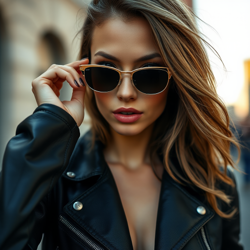 Outdoor shot, stunning female model, vintage leather jacket, sunglasses, cinematic effect, Position the camera at the model’s eye level using a 35mm f/1.4 lens