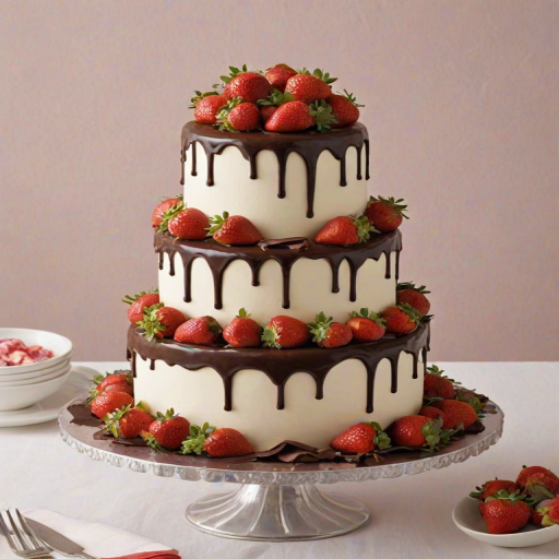 Create a three-tiered wedding cake with a smooth white fondant finish. The cake should have rich chocolate ganache dripping down the sides. Decorate the tiers with fresh strawberries and chocolate-covered strawberries arranged around the base of each tier. The setting should be elegant, with a soft background that complements the cake.