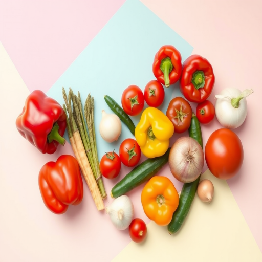 Create a vibrant illustration of assorted vegetables including red and yellow bell peppers, tomatoes, cucumbers, and onions arranged playfully on a pastel geometric background, using a DSLR camera with a 50mm lens, f/1.8 aperture, ISO 200, and soft natural lighting to enhance the colors and details.