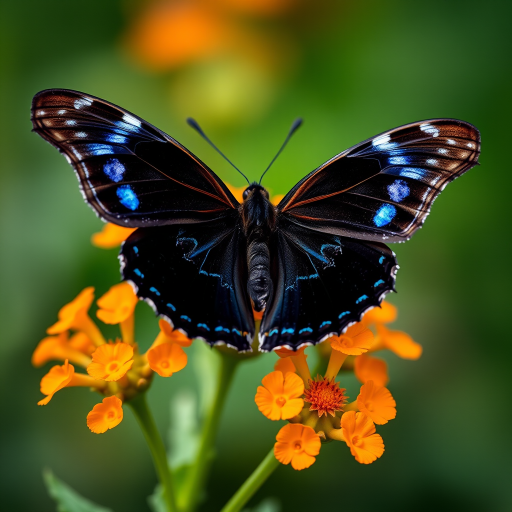 A close-up photograph of a vibrant black butterfly with blue markings perched on bright orange flowers, taken with a Canon EOS 5D Mark IV, 100mm macro lens, aperture f/2.8, ISO 100, natural light, with a soft focus background for enhanced depth of field.