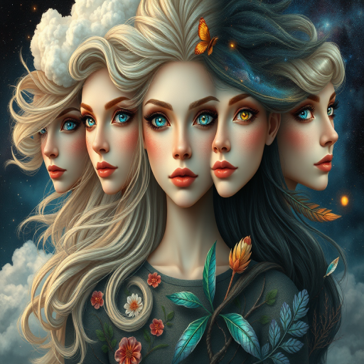 Create a series of imaginative portraits where each subject is infused with elements of fantasy and nature. The hair of the individuals should flow like clouds, varying from soft, fluffy cumulus to wispy cirrus strands, with hints of color reflecting a sunset or a clear blue sky. The eyes should be windows to entire galaxies, with stars, nebulae, and distant planets visible within them. Clothing should be adorned with nature motifs, such as floral patterns that bloom and change, vines that seem to grow and wrap around, or feathers that shimmer with iridescence. Each portrait should capture a unique personality, blending human features with the ethereal beauty of the natural and cosmic world. The backgrounds can vary, from starry night skies to enchanted forests, adding depth and context to the magical realism of the portraits