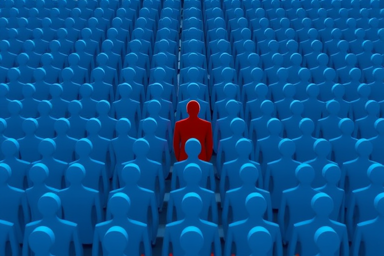 Create an image of a crowd of blue silhouette figures arranged in rows with one red silhouette standing out in the center, shot with a Canon EOS R5 at f/8, ISO 100, 24mm lens, using a flat lay perspective, and a minimalist design style for clarity and impact.