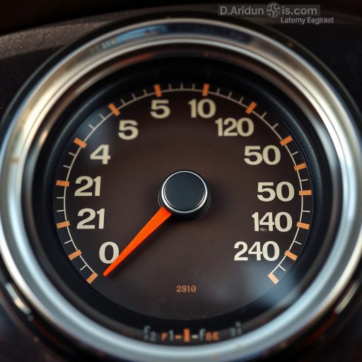 Create a high-resolution image of a vintage speedometer with a circular design, featuring a prominent red needle pointing to the number 3, numbers displayed as bold white characters on a dark brown background, with orange accents, captured in a close-up view using a DSLR camera, f/2.8 aperture, ISO 100, 50mm lens, natural lighting.