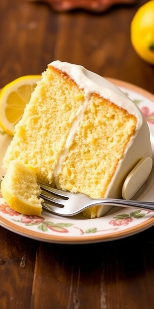 A slice of moist lemon cake with creamy filling and frosting served on a decorative plate alongside a lemon wedge, with a fork resting on the plate.