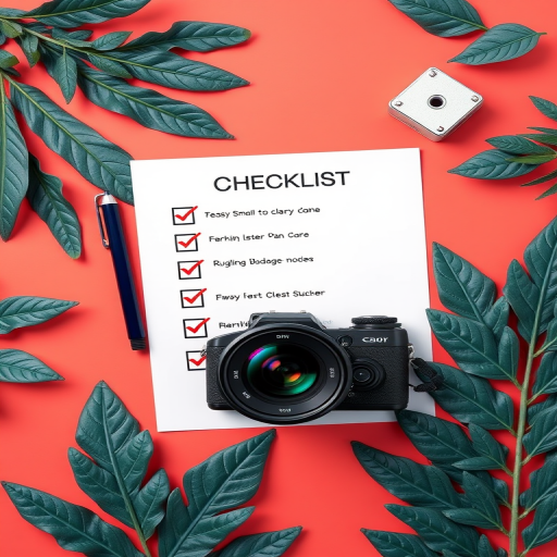 Create a vector-style checklist on a vibrant coral background, use a DSLR camera with a 50mm lens, aperture set to f/1.8 for soft background blur, ISO 100, and a top-down view for flat lay styling to enhance image quality.