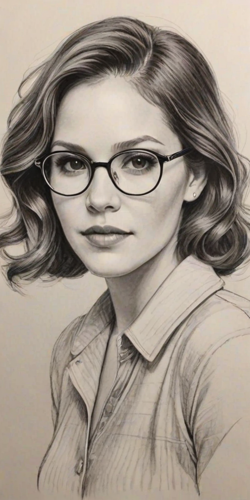 Fascinating Katharine McPhee, pencil sketch, portrait of Elegant woman 1940s in glasses, hair style beatnik, outline, clear lines, fine lines, 8k