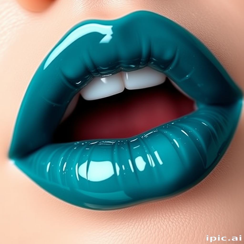 Glossy teal lips named "Ocean Depths" feature a rich, jewel-toned hue with a high-shine finish, perfect for mermaid-themed costumes and underwater photoshoots