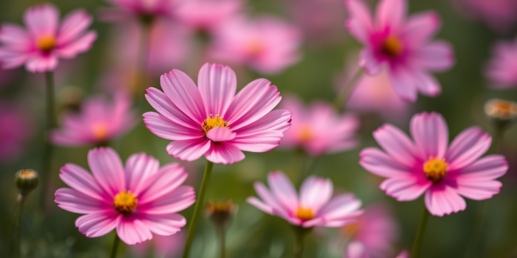 Generate a high-resolution image of pink cosmos flowers with soft focus, using a DSLR camera with a 50mm lens, aperture set to f/2.8, ISO 100, natural light, and a shallow depth of field.