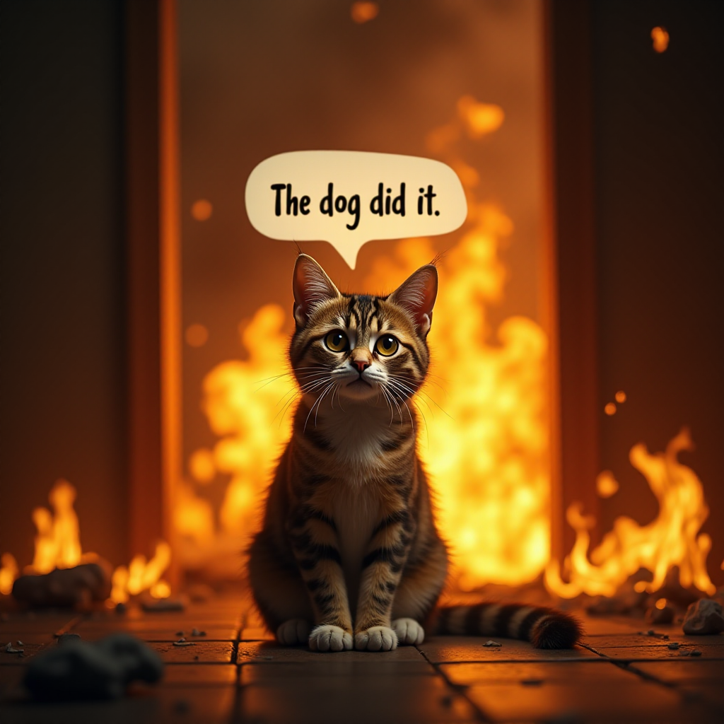 Photorealistic image of an innocent-looking cat sitting calmly in the middle of a burning room. Flames engulf the room, with fire licking up the walls and smoke filling the air. The cat is sitting on the floor, looking directly at the viewer with wide, innocent eyes. Above the cat, a speech bubble says "The dog did it". The contrast between the cat's calm demeanor and the chaos around it creates a humorous and surreal scene.