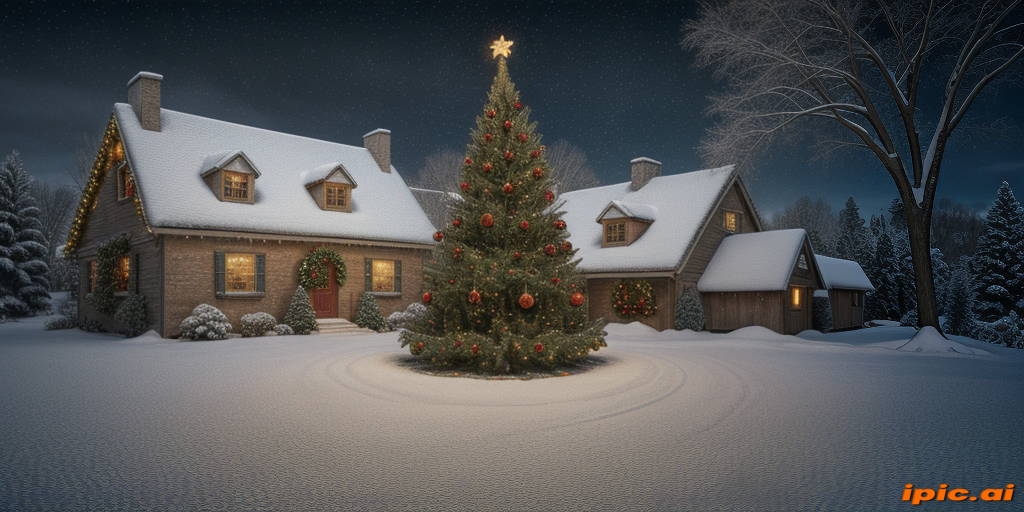 A Cozy Winter Evening Scene Featuring a Decorated Christmas Tree Outdoors