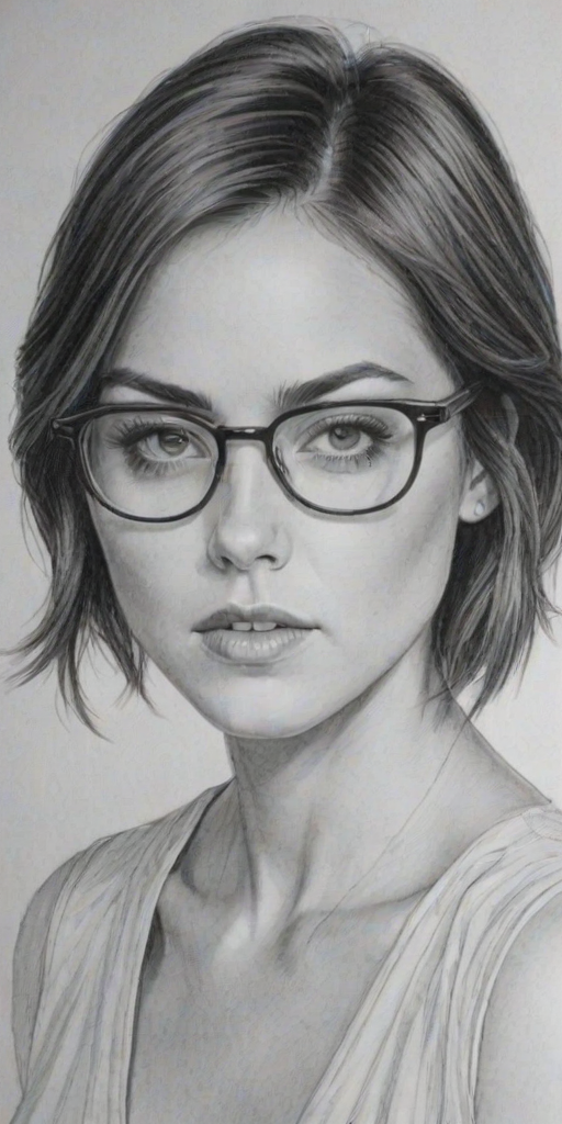 Resplendent Jessica Stroup, pencil sketch, portrait of Pleasing woman 1975s in glasses, hair style beatnik, outline, clear lines, fine lines, 8k