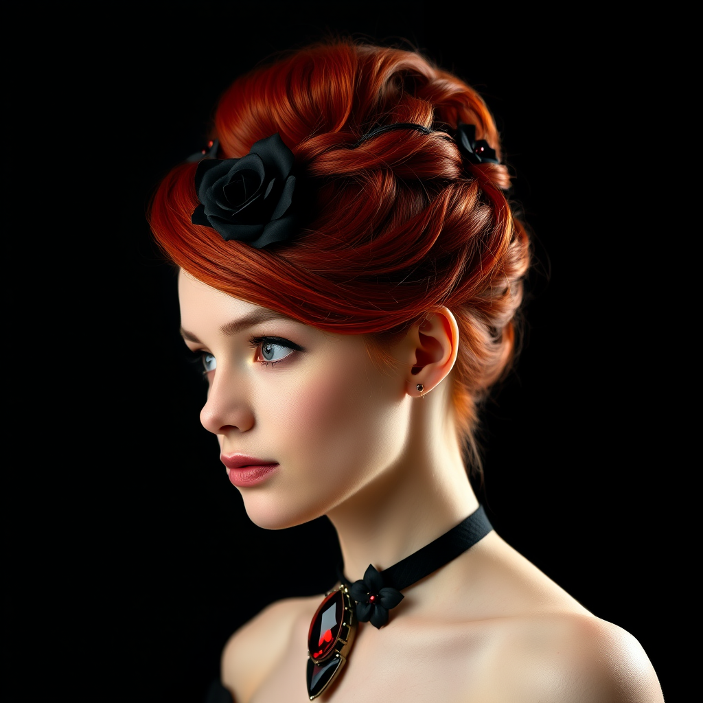 A young woman with bright red hair styled in a voluminous updo adorned with black floral accents, wearing a black choker with a large red gemstone pendant, looks off to the side with a slightly pensive expression, her face softly lit against a dark background.  The image is composed as a portrait, shot from a close-up perspective, with the subject filling most of the frame.  The woman's skin appears fair and flawless, with a subtle glow.  The overall atmosphere is elegant and slightly dramatic.