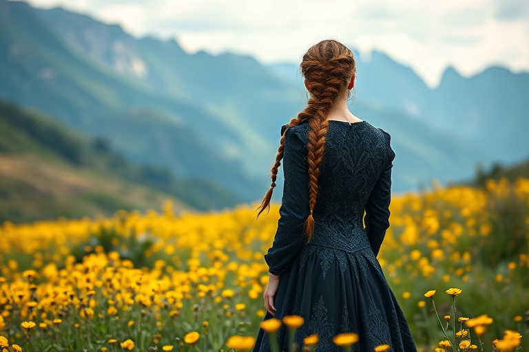 Regenerate a fantasy landscape image of a woman with long braided hair wearing a dark, ornate dress, standing in a vibrant meadow filled with yellow flowers and mountains in the background, soft focus, 50mm lens, f/2.8, ISO 100, natural lighting.