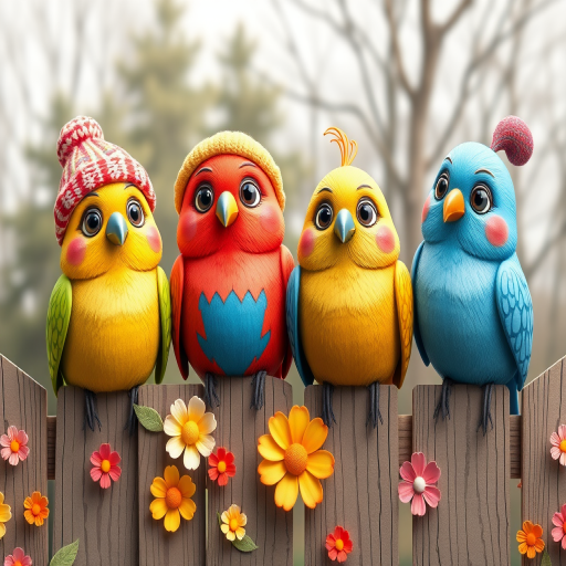 create a scene of 4 quirky  whimsical colourful comical birds each with a funny expression. they are sat on a wooden fence with colourful flowers. they are all different sizes. each one is a different colour  one is wearing a woolly hat. Each one has a different quirky google expression and there is a muted background of trees watercolour paintierly style high definition 8k resolution 3D paper mache