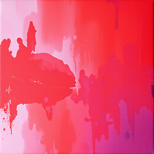 Create an abstract painting with vibrant shades of red and purple, using a canvas texture, shot with a DSLR camera at f/8 aperture, ISO 100, 50mm lens, shooting from a slightly elevated angle to enhance depth and contrast.