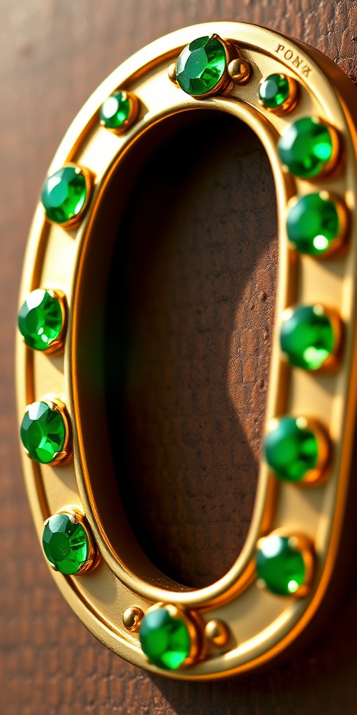 Create a high-resolution digital illustration of a gold horseshoe with green gemstones, using a Canon EOS R camera, 50mm lens, f/2.8 aperture, ISO 100, natural lighting for a bright and vibrant look, shot from eye level for a realistic perspective.
