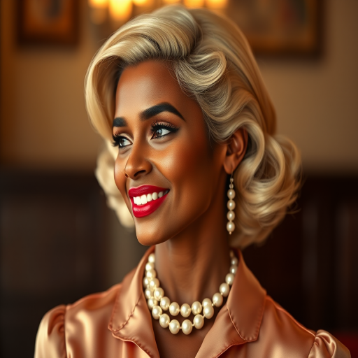 A beautiful Garifuna woman reminiscent of 1950s Hollywood glamour, with perfectly styled blonde hair and a seductive smile, dressed in a satin blouse and adorned with pearls, soft and warm tones, photorealistic, 8K