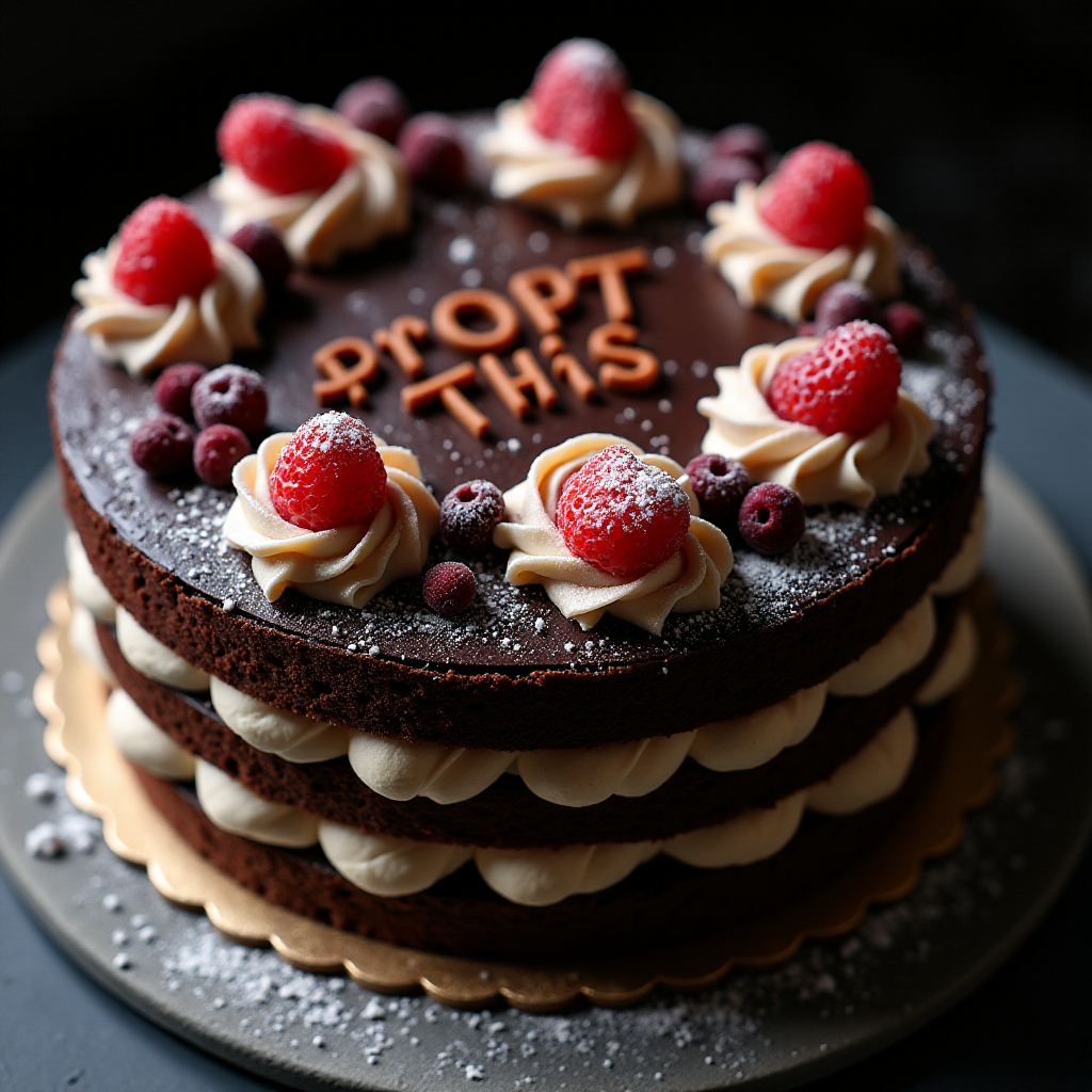 black forest gateau cake, spelling out the words "PROMPT THIS", tasty, food photography, dynamic shot