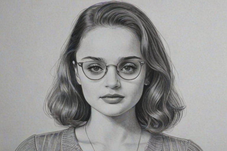 Stunning Joey King, pencil sketch, portrait of Captivating woman 1949s in glasses, hair style beatnik, outline, clear lines, fine lines, 8k