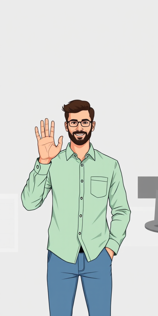 Create a minimalist vector illustration of a man in a light green shirt standing in an office setting with a grey background, holding his hand up in an "OK" gesture, camera settings: ISO 100, f/5.6, 1/125s, camera view: eye level, camera style: flat design, camera type: digital illustration.