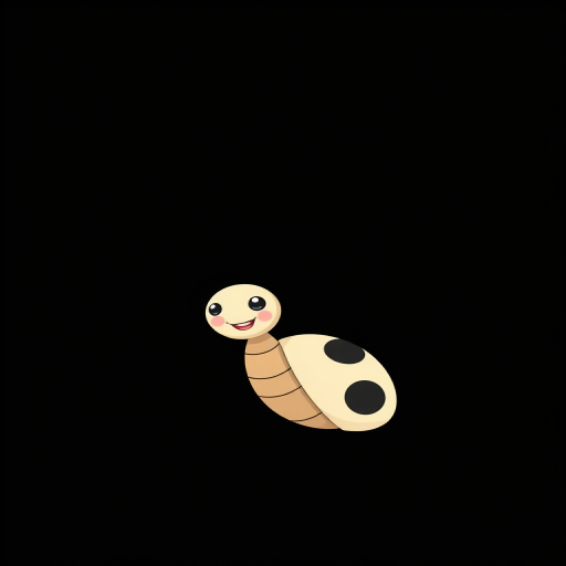 Create a minimalistic cartoon style image of a smiling cartoon bug with a round head and elongated body, set against a solid black background, captured with a DSLR camera at f/2.8 aperture, 50mm focal length, ISO 100, in natural lighting for improved clarity and contrast.