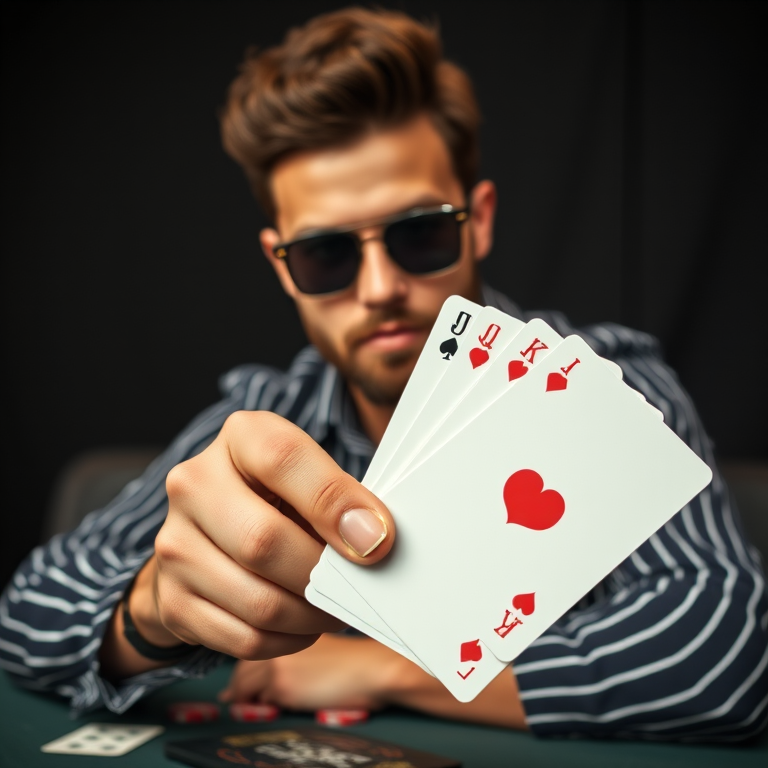 detailed edges, detailed image, perfection style, A detailed and A perfect photo of a man with sunglasses and trowing a pair of cards in his hand at camera in a poker game, hand focus, cinematic hand, best hand, better hand, awesome hand, different hand, solo, looking at viewer, brown hair, shirt, 1boy, upper body, male focus, striped, facial hair, table, sunglasses, black background, beard, curly hair, card, playing card, afro, mahjong, poker chip, mahjong tile, pinstripe suit, perfection, different color, perfect color, realistic, realism, detailed background, perfect background, different background, perfect style, perfection style, detailed style, black hair, striped clothes, black shirt, striped shirt, pinstripe pattern